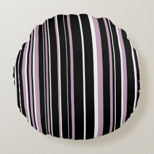 Black, Mauve Mist, White Barcode Stripe Pattern Round Pillow