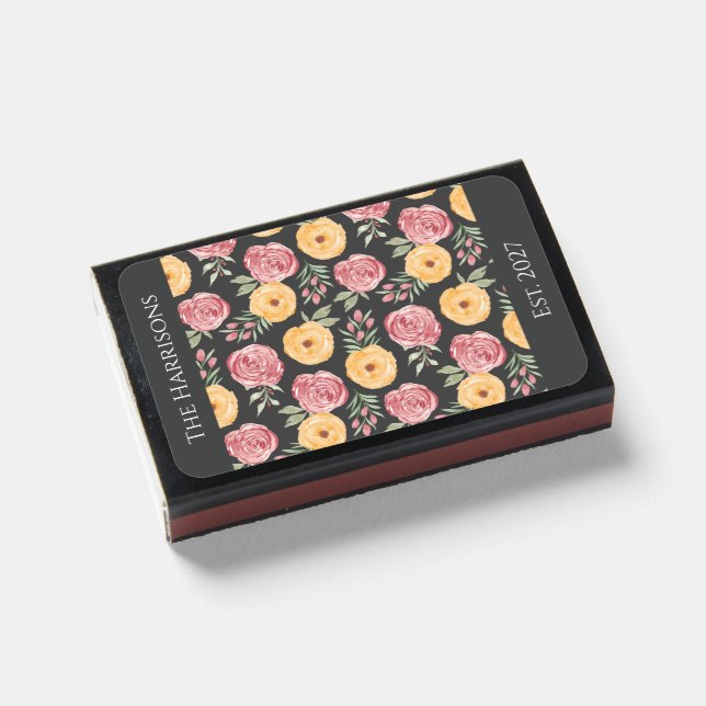 Black & Mauve Rose Wedding Matchbox Favor Matchboxes (Front Closed)