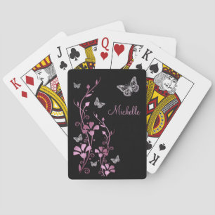 Black Mauve Silver Butterfly Floral Playing Cards