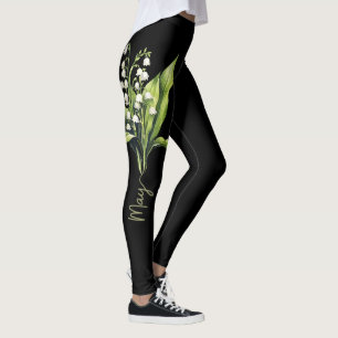 Black May Birth Flower, Elegant Lily of the Valley Leggings