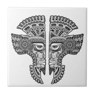 Black Mayan Twins Mask on White Tile