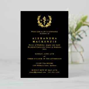 Black MD Asclepius+Laurel Wreath Graduation Party Foil Invitation