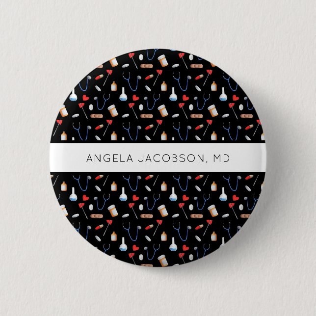 Black Medical Equipment Pattern Doctor Nurse Button (Front)