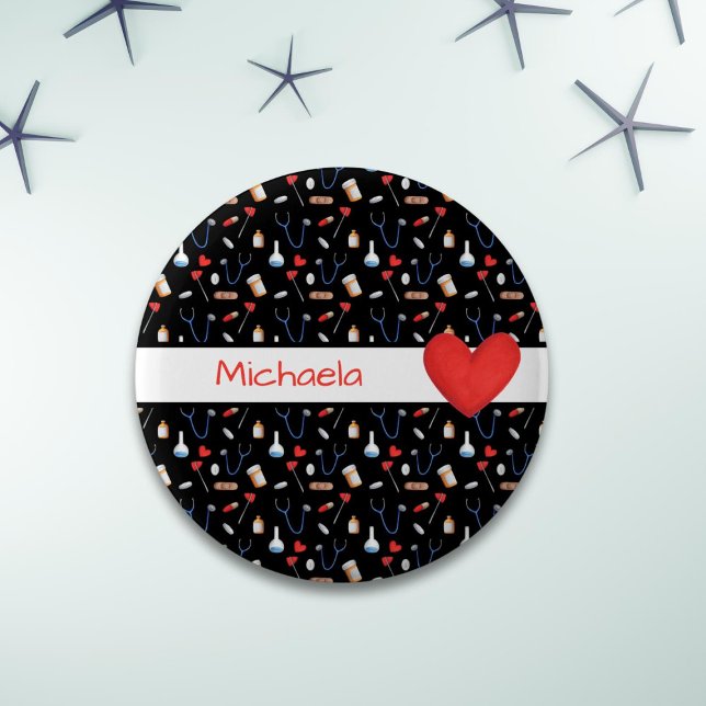 Black Medical Equipment Pattern Red Heart Button (Creator Uploaded)