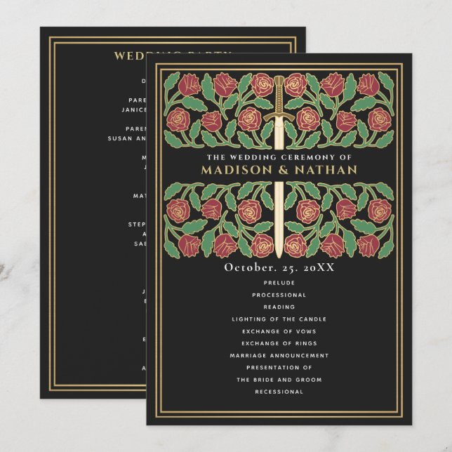 Black Medieval Gold Floral Sword Royal Wedding Program (Front/Back)