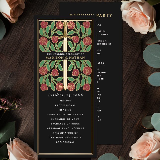 Black Medieval Gold Floral Sword Royal Wedding Program (Creator Uploaded)