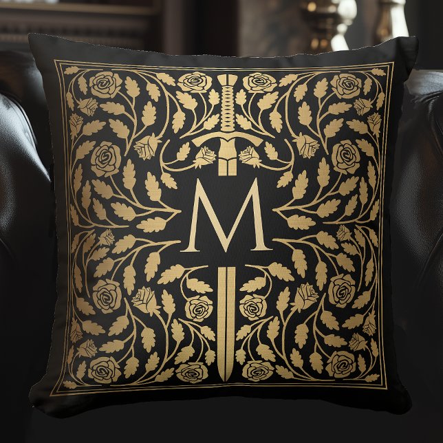 Black Medieval Gold Sword Monogram Throw Pillow (Creator Uploaded)