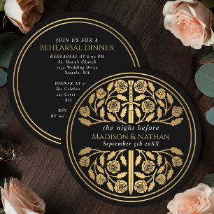 Black Medieval Gold Sword Royal Wedding Rehearsal Invitation