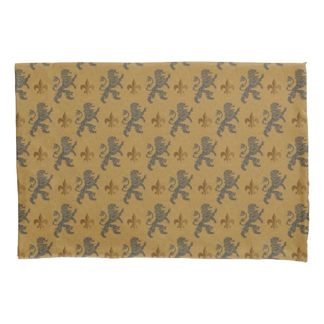 Black Medieval Lions Fleurs Pillow Case (Front)