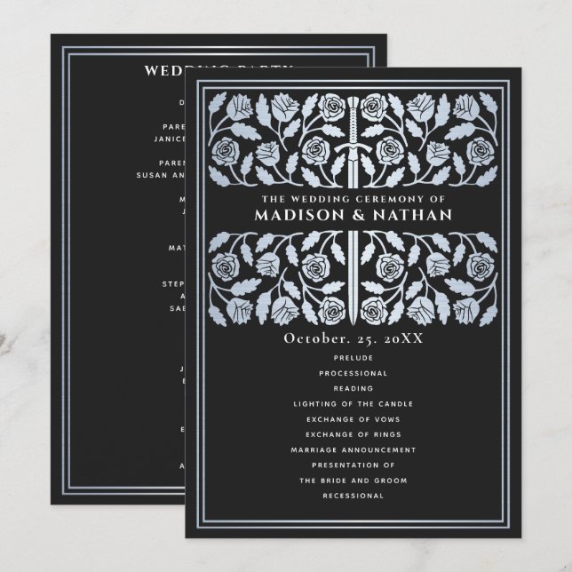 Black Medieval Silver Sword Royal Wedding Program (Front/Back)
