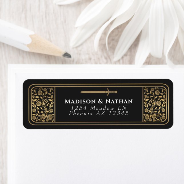 Black Medieval Sword Wedding Label (Insitu)