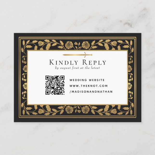 Black Medieval Sword Wedding RSVP QR Code Enclosure Card (Front)