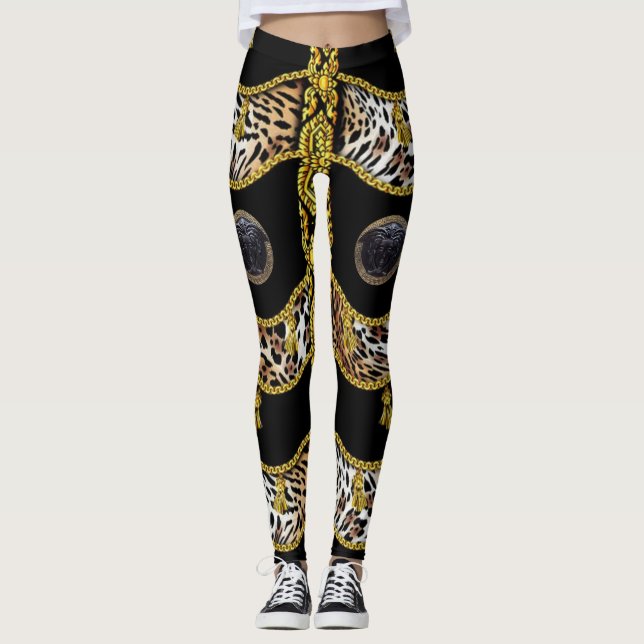 Black Medusa Leopard and Gold Tassel Black Leggings (Front)