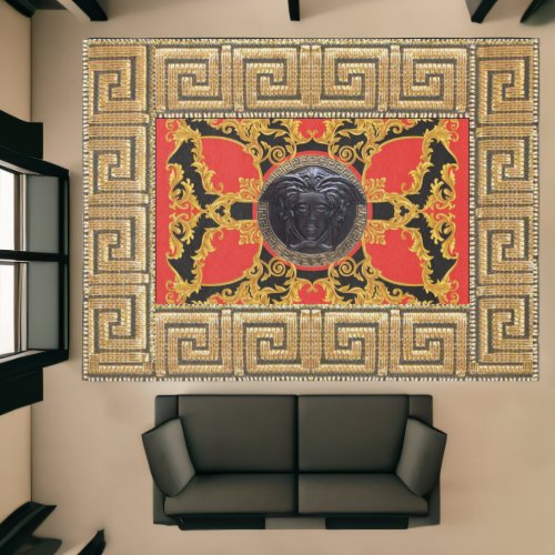 Black Medusa Noire Red and Gold Greek Key Area Rug