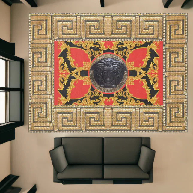 Greek Key Gold Rug Black Medusa Noire Red and Gold Greek Key Area Rug | Zazzle