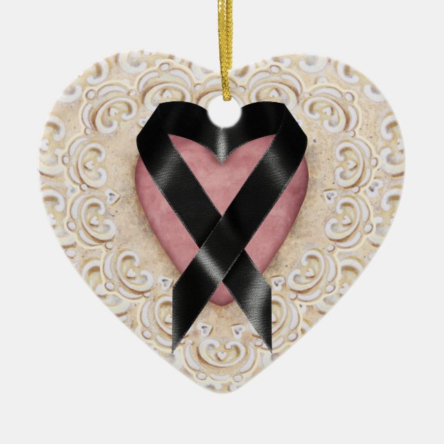 Black Melanoma Ribbon From the Heart - SRF Ceramic Ornament (Front)
