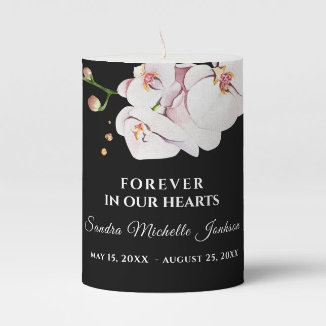 Black Memorial Pink Orchid  Floral Pillar Candle (Front)