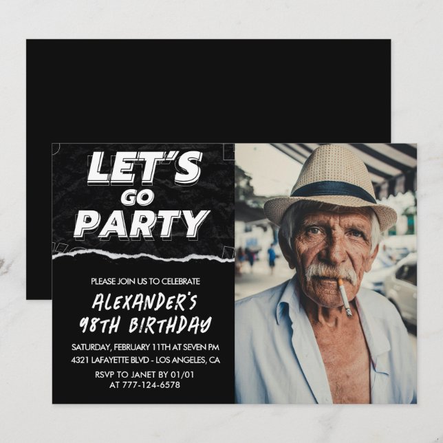 Black Men Photo LET'S GO PARTY 98th birthday  Invitation (Front/Back)