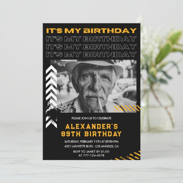 Black Men Photo Spray paint 89th birthday Invitation (Standing Front)