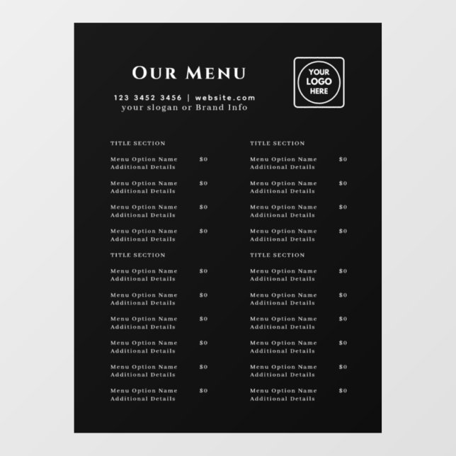 Black Menu | Personalized Cafe & Restaurant logo Window Cling (Sheet)