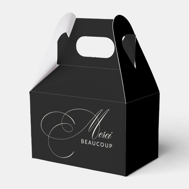 Black Merci Beaucoup Elegant Calligraphy Thank You Favor Boxes (Front Side)
