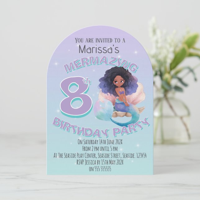 Black Mermaid Age Birthday Party Invitation (Standing Front)
