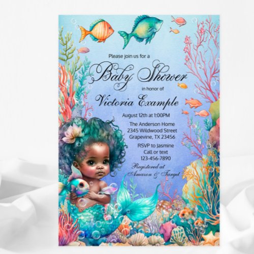 Black Mermaid Baby Shower Invitation