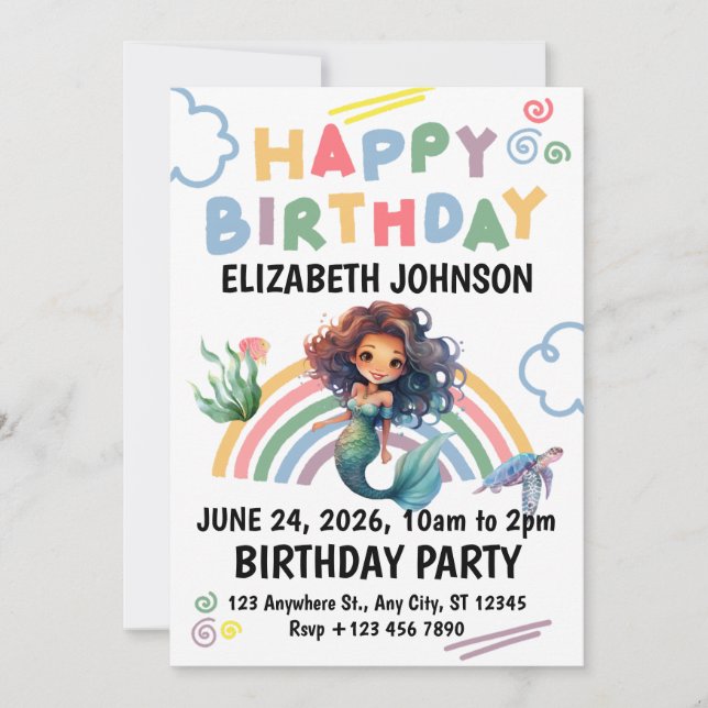 Black Mermaid Birthday Invitation in White  (Front)