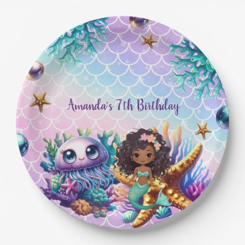 Black Mermaid Birthday Paper Plates