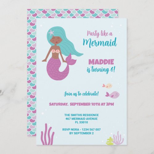 Black Mermaid Birthday Party Invitation