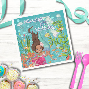 Black Mermaid Brown Hair Under the Sea Birthday Napkins