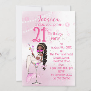 Black Mermaid Cocktail Birthday Party Invitation