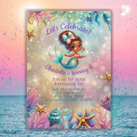 Black Mermaid Cute Birthday Girl Invitation