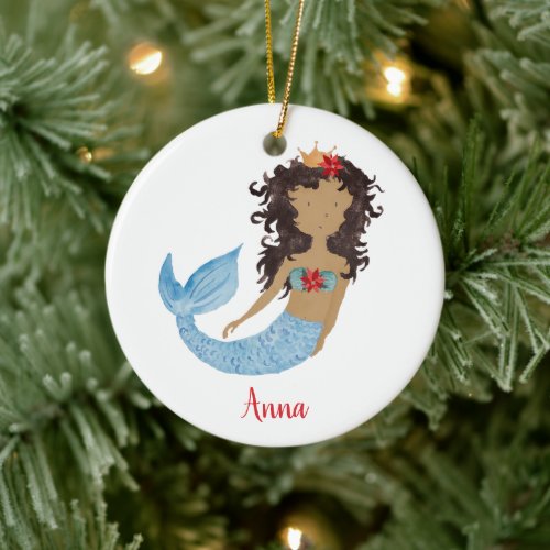 Black Mermaid Cute Little Girl Personalized Name Ceramic Ornament