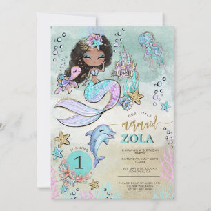 Black Mermaid Editable Under The Sea 1st Birthday Invitation