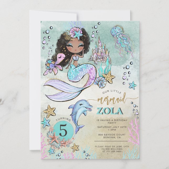 Black Mermaid Editable Under The Sea 5th Birthday  Invitation (Front)