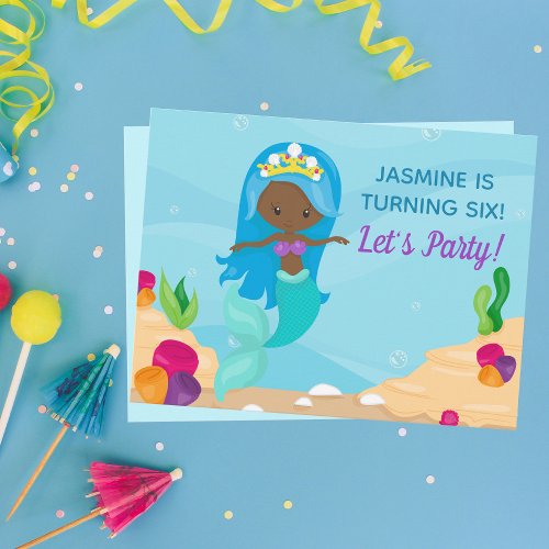 Black Mermaid Girl Birthday Pool Party Invitation Postcard