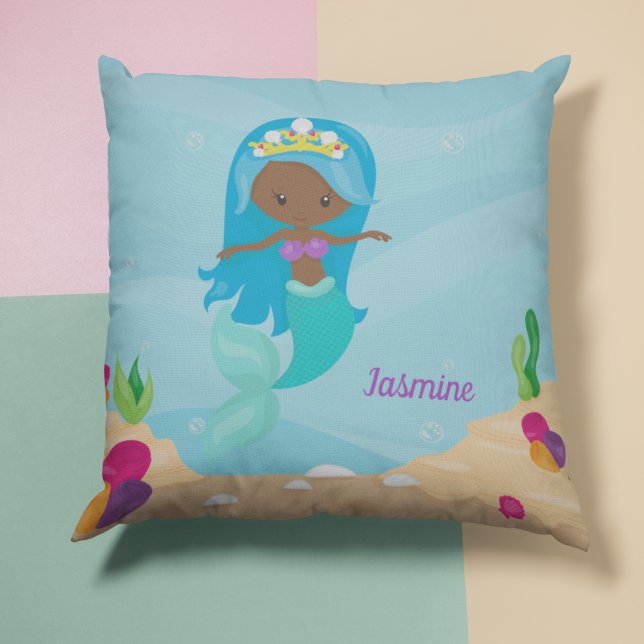 Black Mermaid Girl Cute African American Kids Throw Pillow (Creator Uploaded)