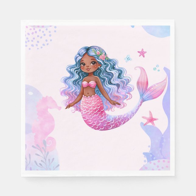 Black Mermaid Girl With Pink Tail Undersea Napkins (Front)