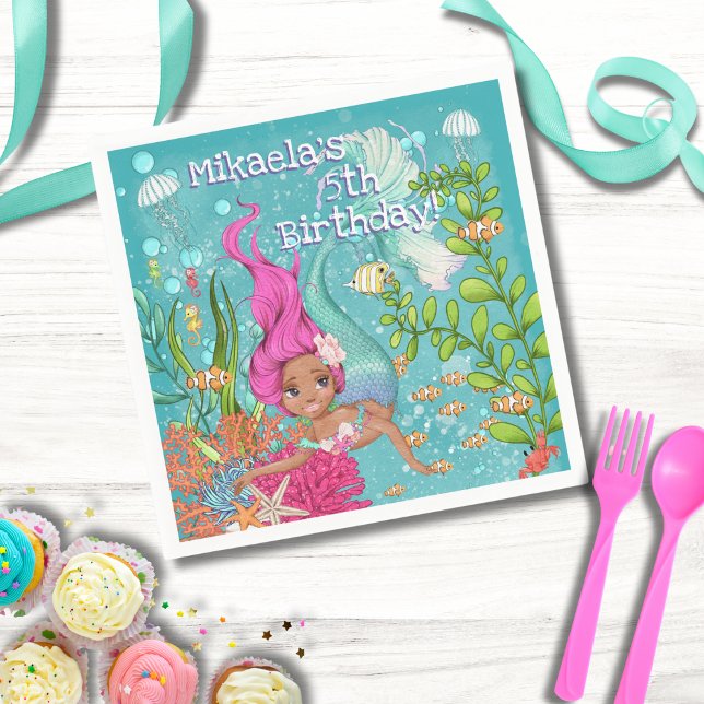 Black Mermaid Pink Hair Under the Sea Birthday Napkins (Creator Uploaded)