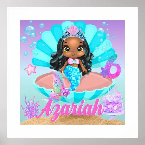 Black Mermaid Princess 6th Birthday Party Poster