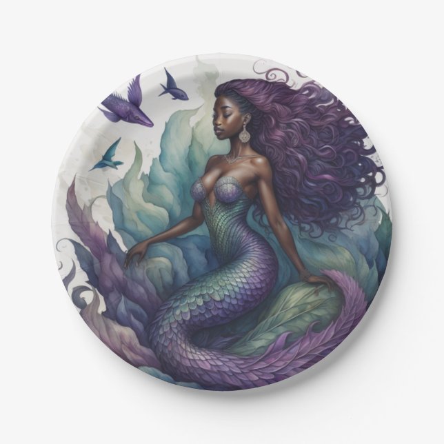 Black Mermaid Purple Paper Plates (Front)