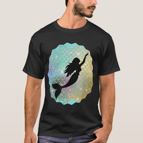 Black Mermaid Silhouette on Rainbow Scales  T_Shirt