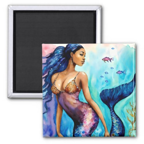 Black Mermaid Watercolor Art Magnet