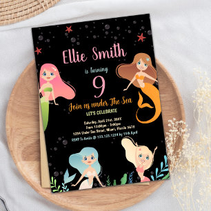 Black Mermaids Birthday Under the sea Invitations