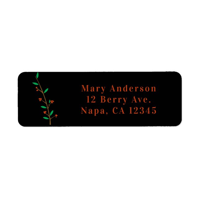 Black Merry Botanical Berry Branch Holiday Party Label (Front)