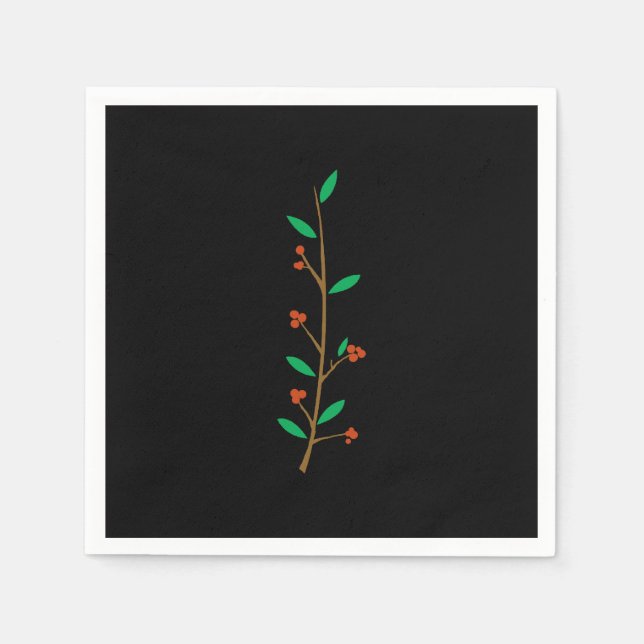 Black Merry Botanical Berry Branch Holiday Party Napkins (Front)
