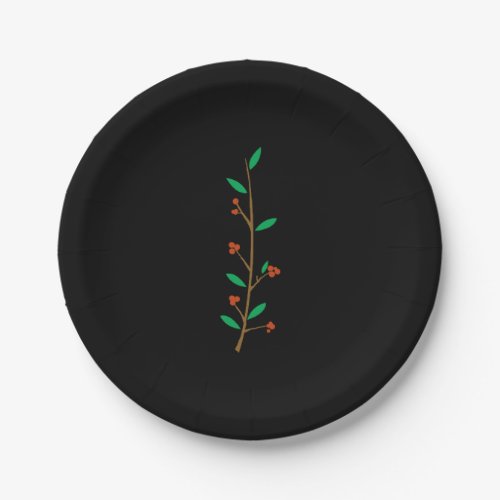 Black Merry Botanical Berry Branch Holiday Party Paper Plates