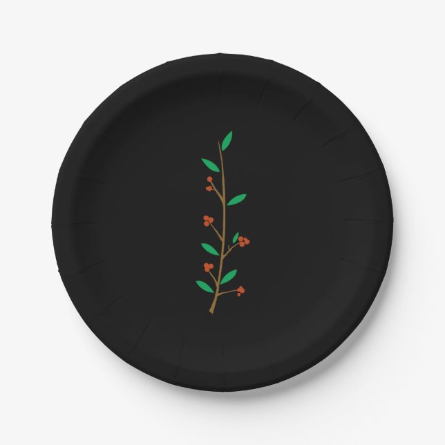 Black Merry Botanical Berry Branch Holiday Party Paper Plates (Front)