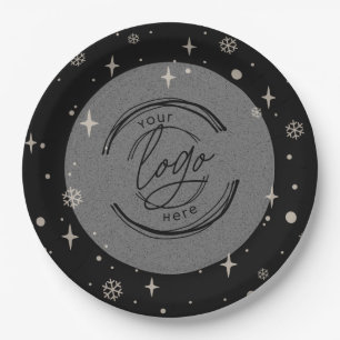Black Merry Christmas Business Logo Snowflake Paper Plates